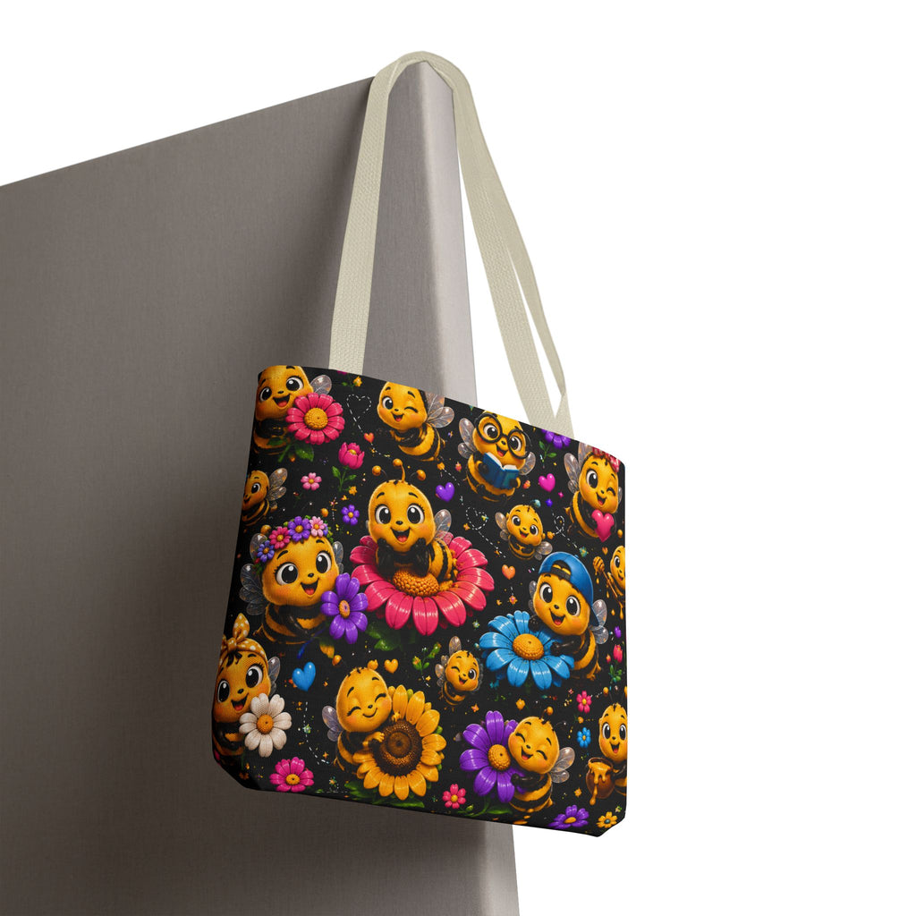Cute Bee Pattern Tote Bag — Colorful Floral Cartoon Bees All-Over Print