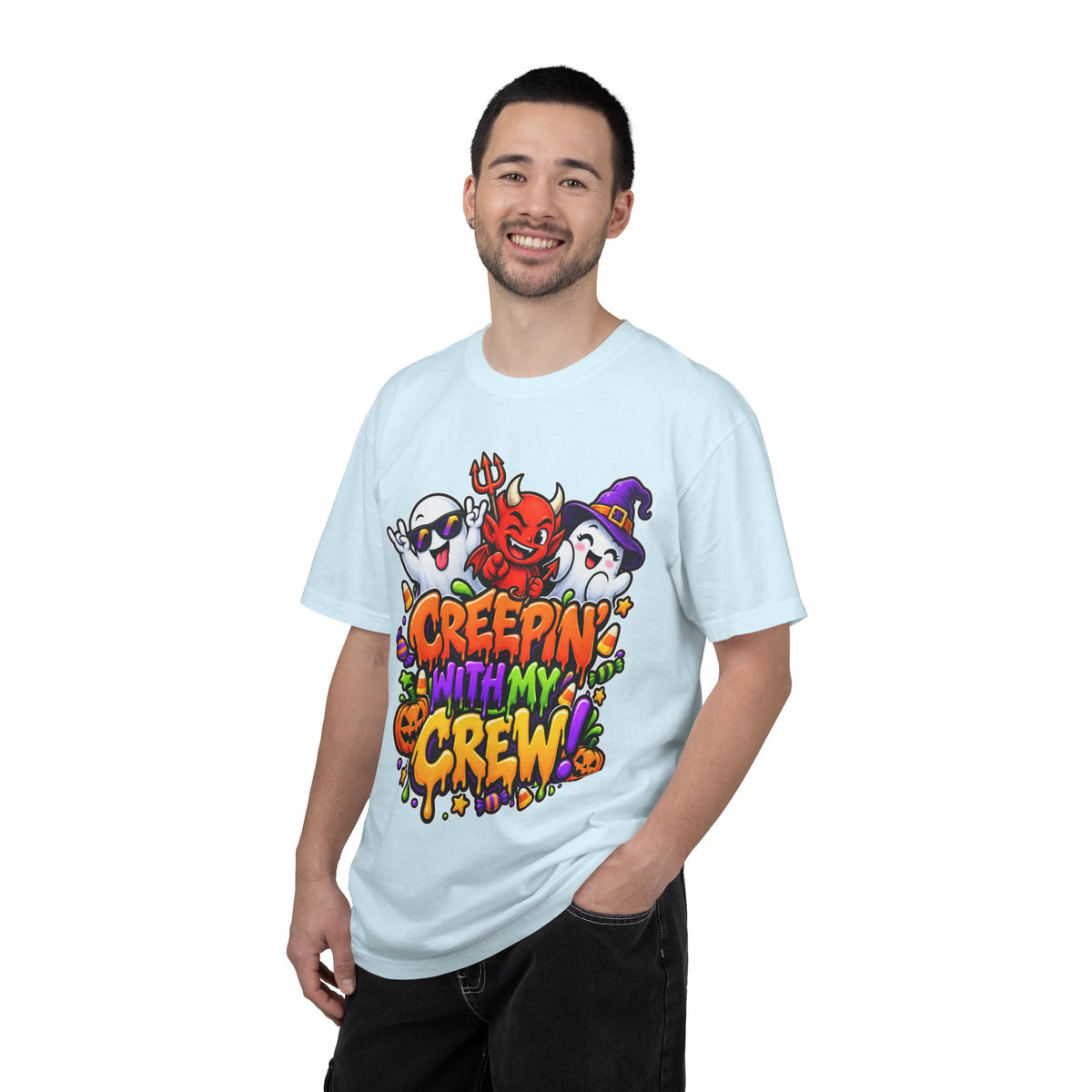 Creepin’ With My Crew Halloween T-Shirt – Colorful Funny Ghost & Devil Graphic Tee