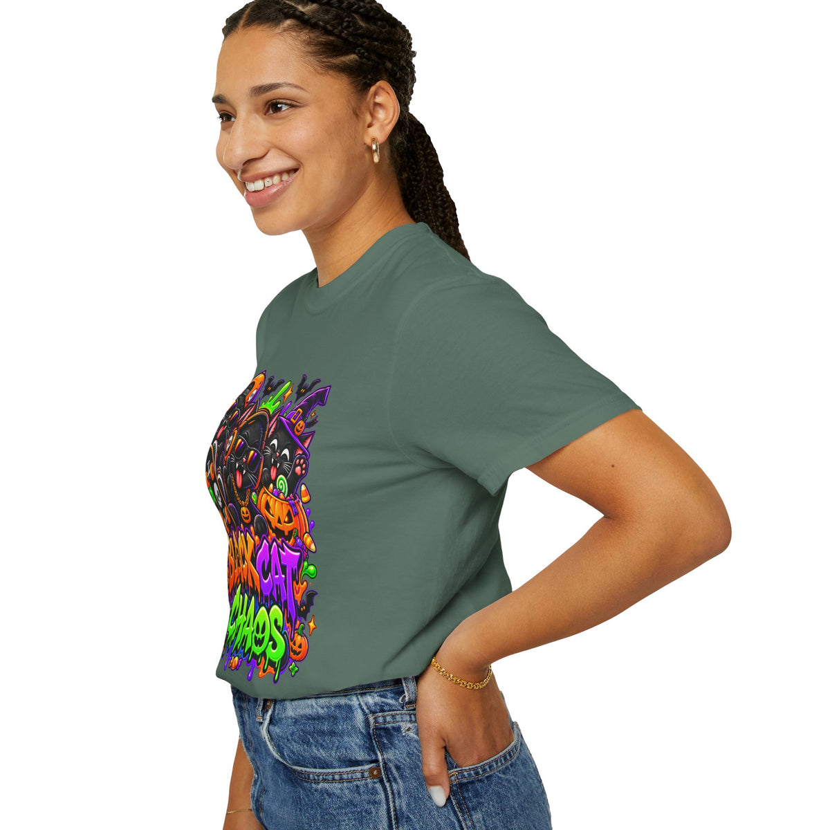Neon Black Cat Halloween Chaos T-Shirt | Cute Spooky Cat Graphic Tee
