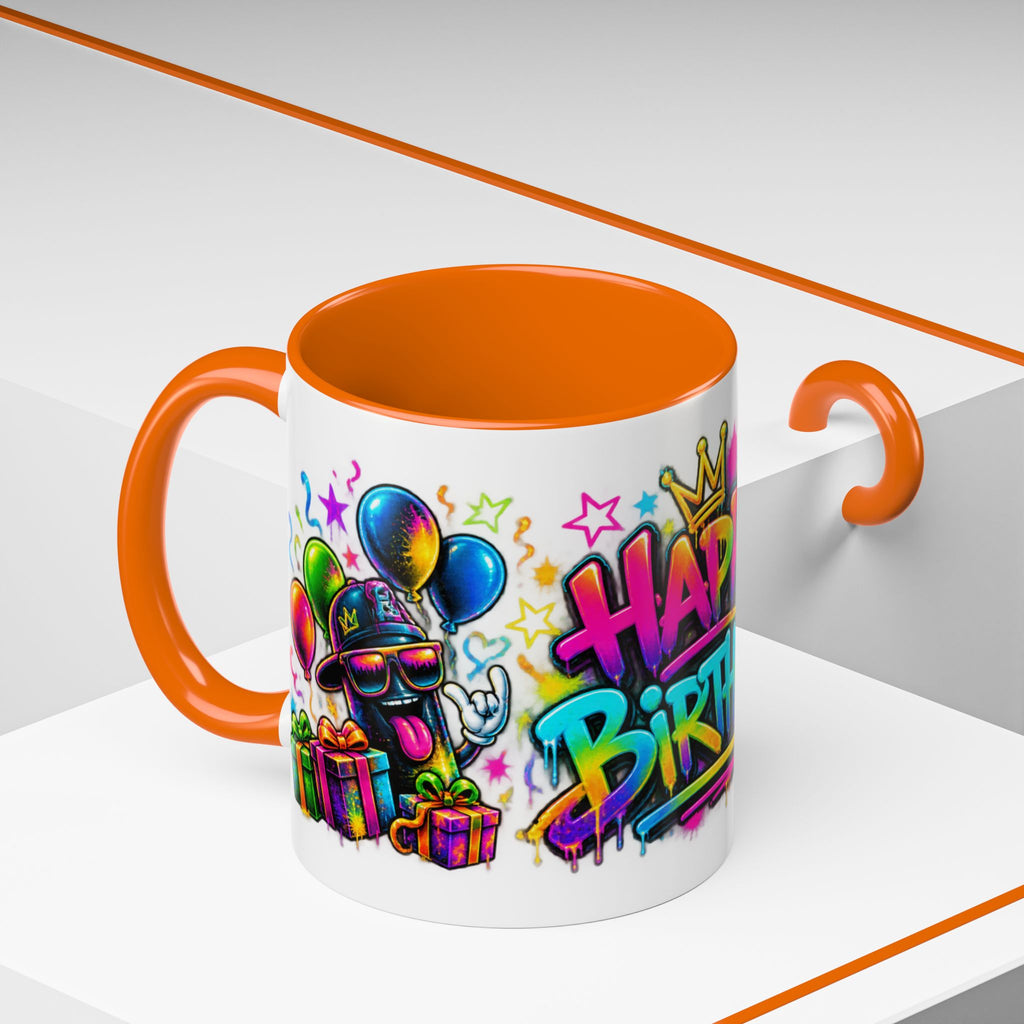 Happy Birthday Accent Coffee Mug – Colorful Graffiti Cake & Balloons (11/15oz)