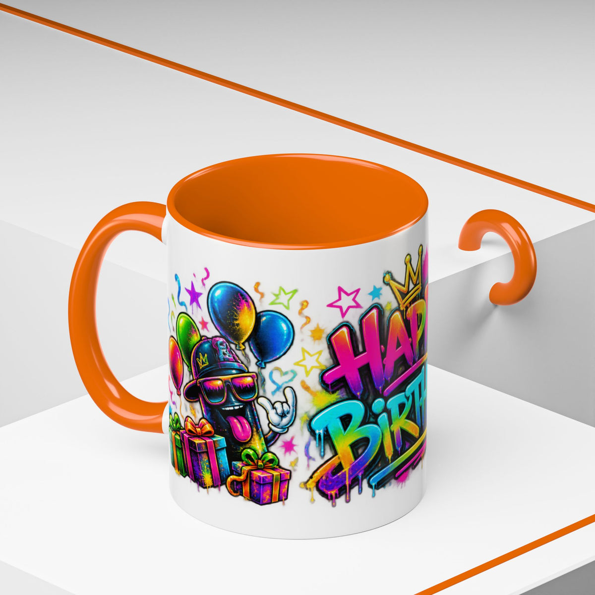 Happy Birthday Accent Coffee Mug – Colorful Graffiti Cake & Balloons (11/15oz)