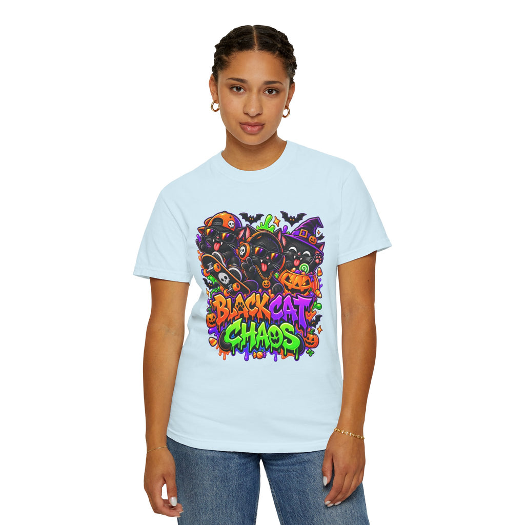 Neon Black Cat Halloween Chaos T-Shirt | Cute Spooky Cat Graphic Tee