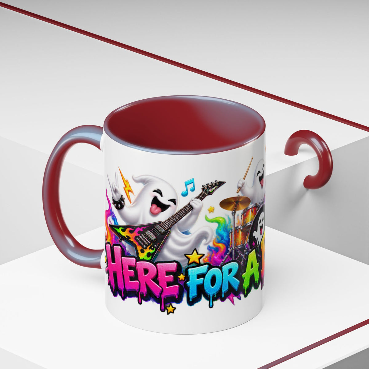 Here for a Boo Time Halloween Ghost Rock Band White Mug