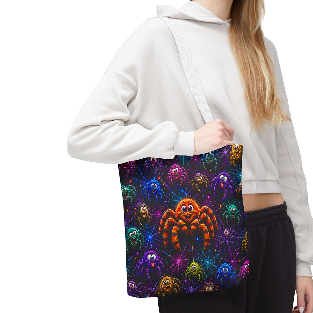 Colorful Crazy Spiders Halloween Tote Bag – Cute 3D Spider Web Pattern