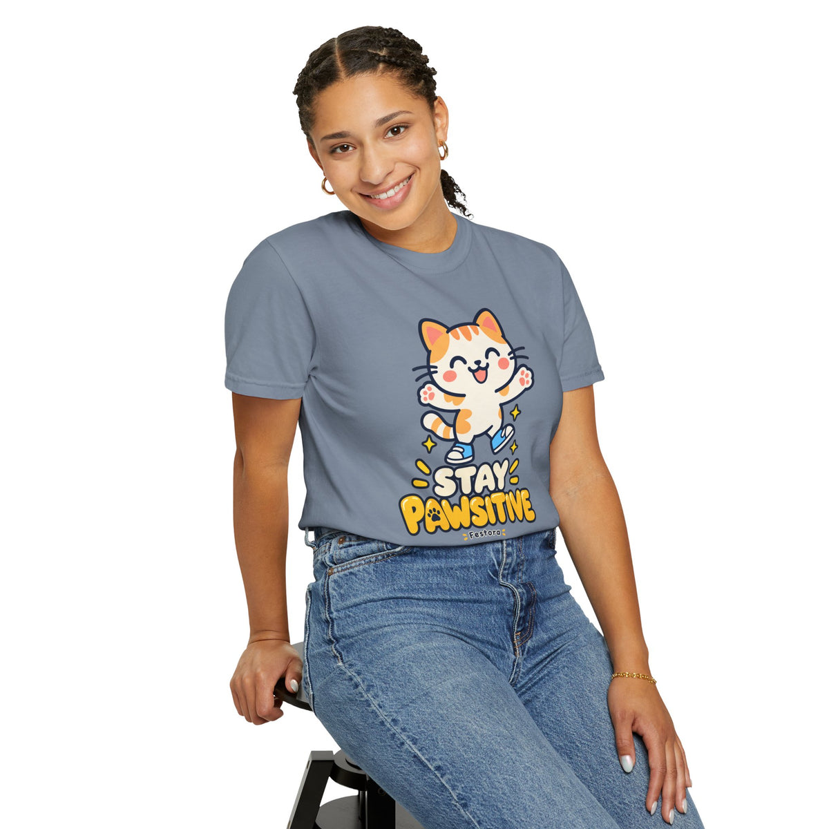 Stay Pawsitive – Cute Happy Cat Graphic T-Shirt