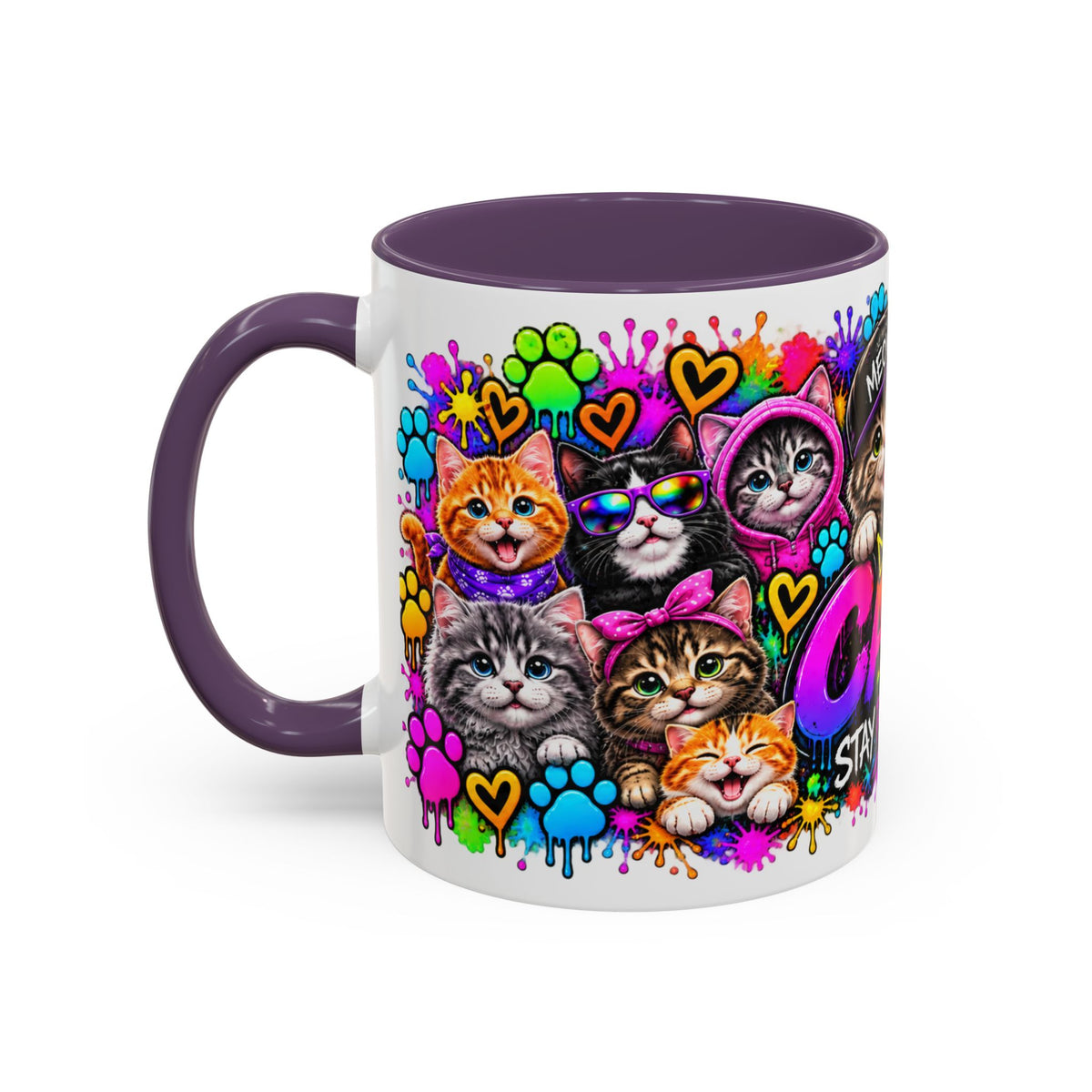 Cats Stay Pawsitive Accent Coffee Mug – Colorful Cute Cat Paw Print Design (11oz)