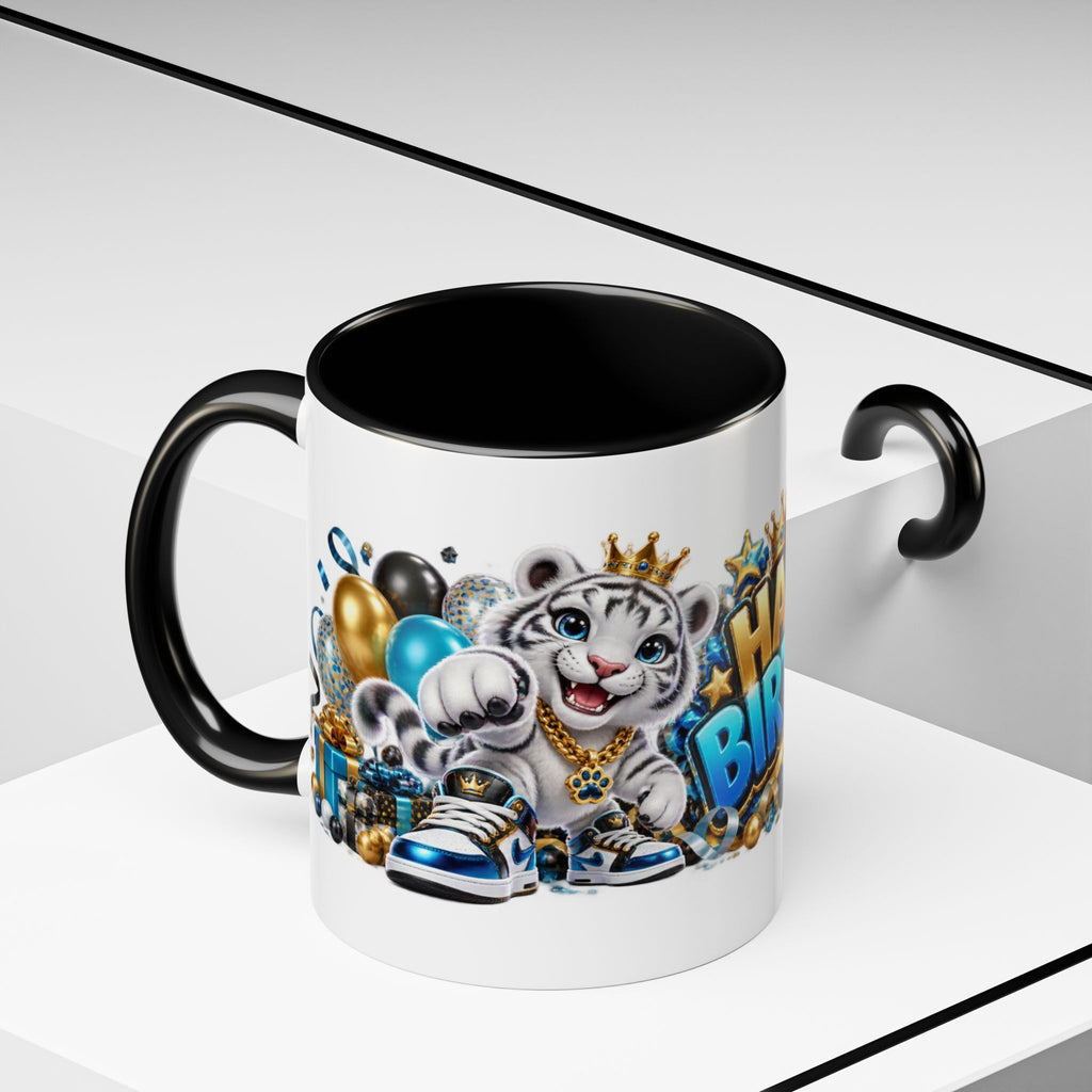 Happy Birthday White Tiger Mug – Colorful 3D Birthday Gift – White Coffee Mug