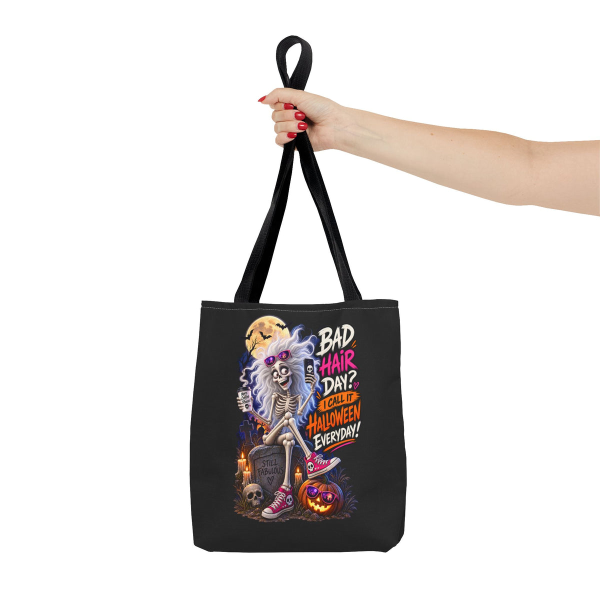 Halloween Skeleton Tote Bag — "Bad Hair Day? I Call It Halloween Everyday" Graphic