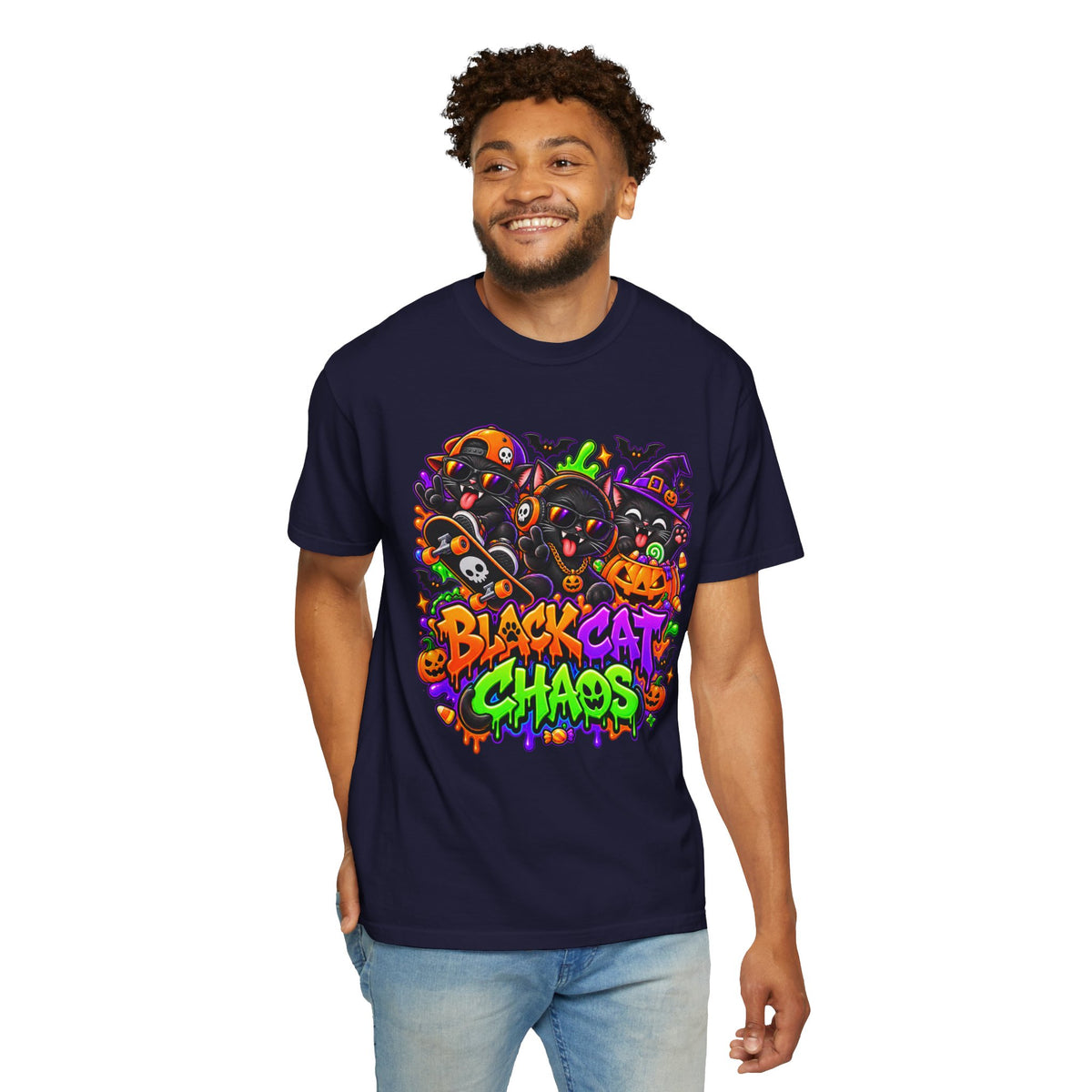 Neon Black Cat Halloween Chaos T-Shirt | Cute Spooky Cat Graphic Tee