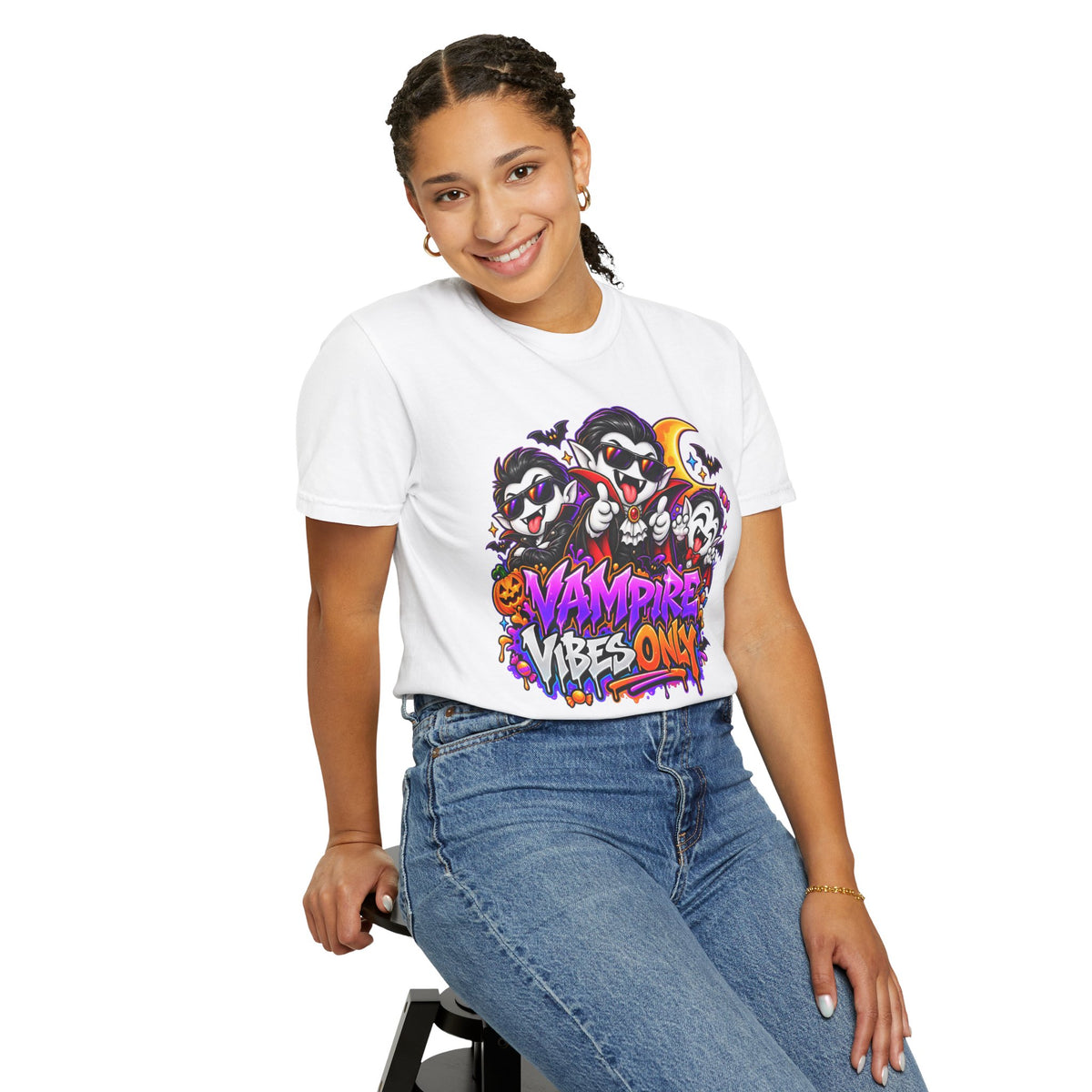 Neon Vampire Vibes Halloween Unisex Garment-Dyed T-Shirt Featuring a Cool Festora Vampire Crew