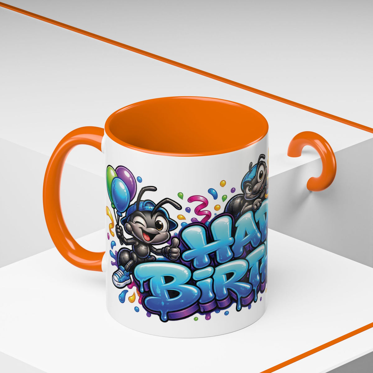 Happy Birthday Cartoon Mug – Graffiti Ants, Birthday Cake, Balloons & Confetti Coffee Cup