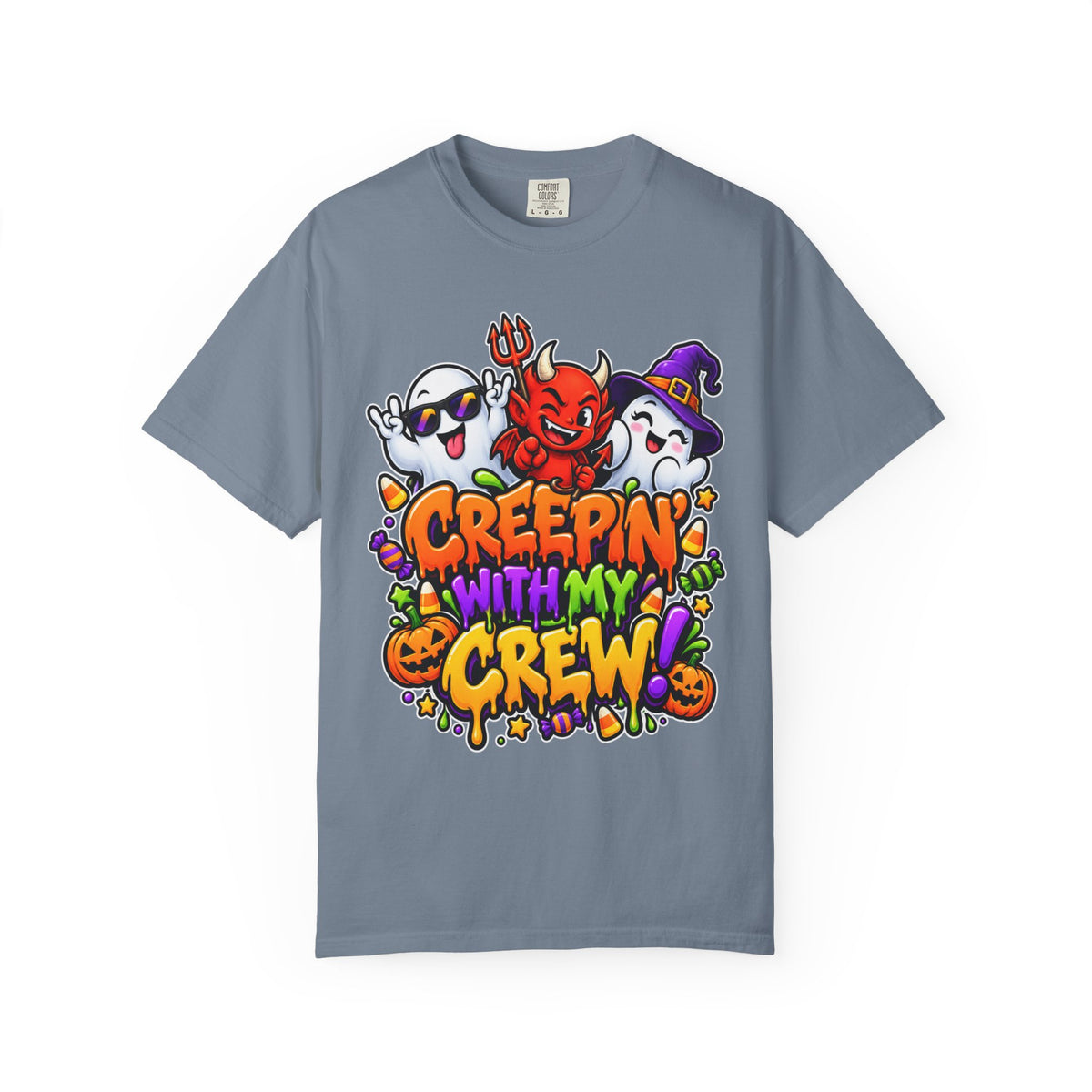 Creepin’ With My Crew Halloween T-Shirt – Colorful Funny Ghost & Devil Graphic Tee