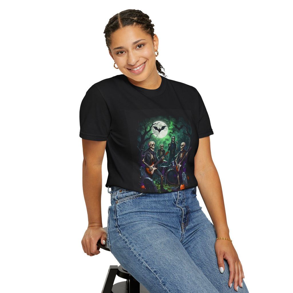 Halloween Rock Band T-Shirt — "Dead But Still Rocking" Skeleton Guitar Tee