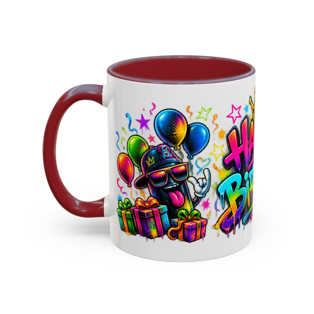 Happy Birthday Accent Coffee Mug – Colorful Graffiti Cake & Balloons (11/15oz)