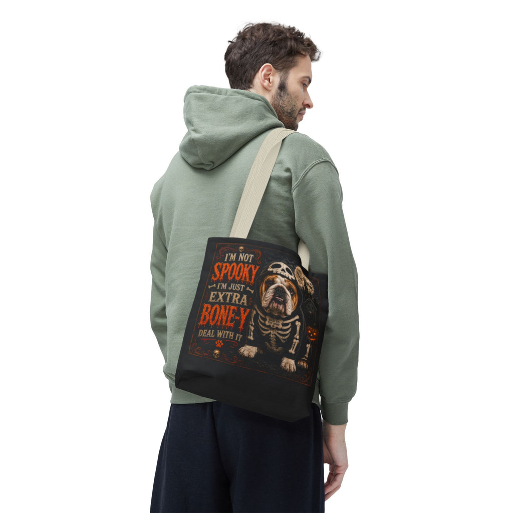 Halloween Bulldog Tote Bag – "I’m Not Spooky, I’m Just Extra Boney" All-Over Print