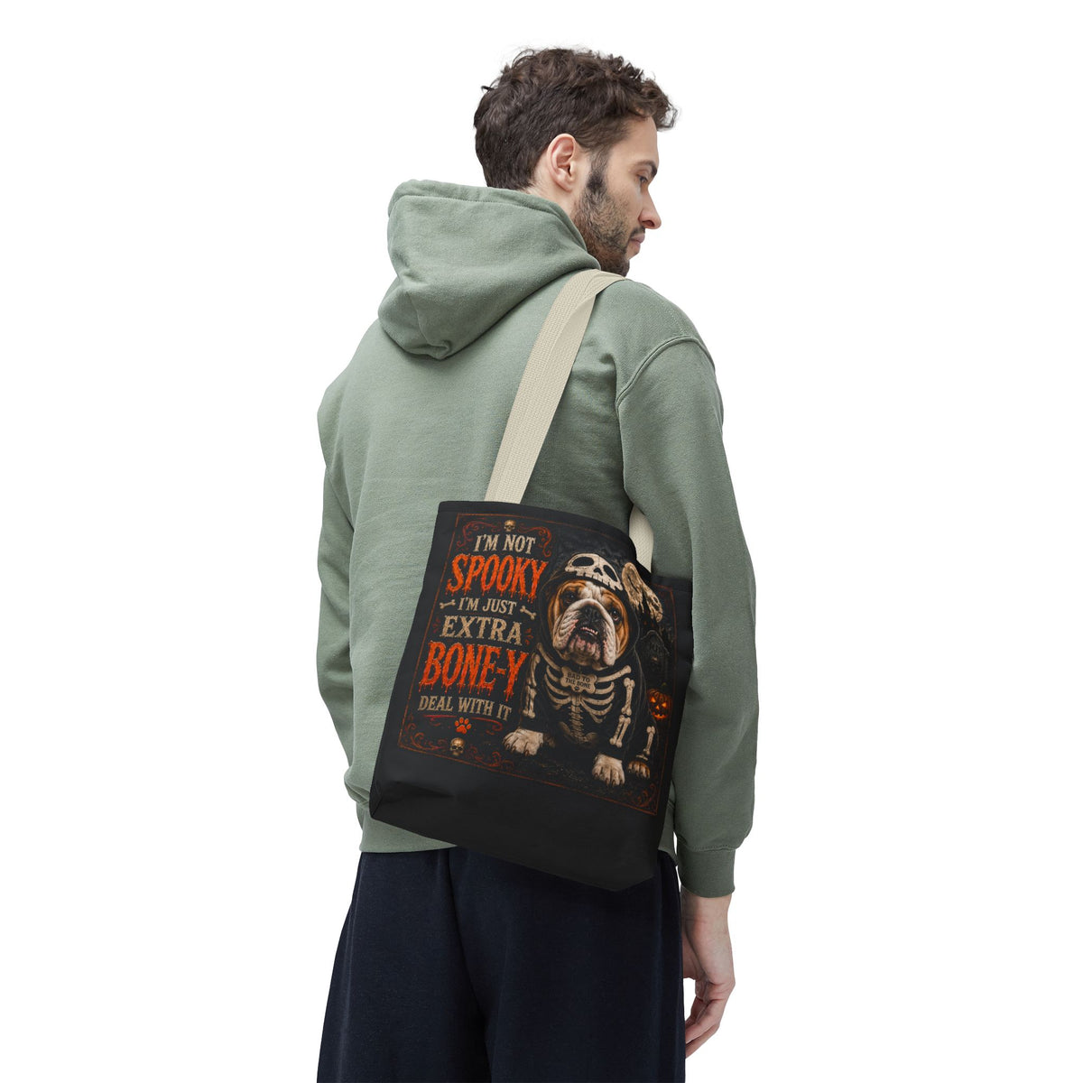Halloween Bulldog Tote Bag – "I’m Not Spooky, I’m Just Extra Boney" All-Over Print