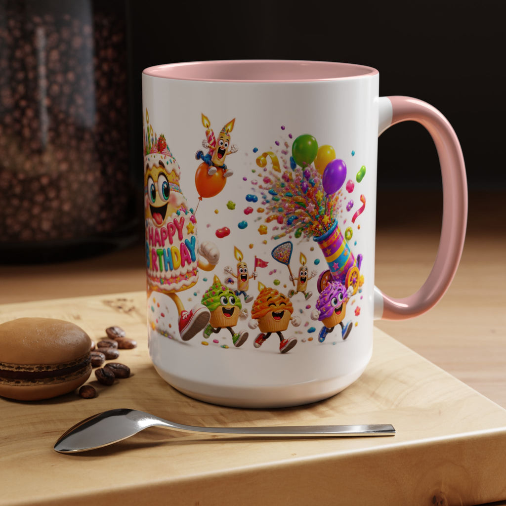 Birthday Party Coffee Mug – Colorful Happy Birthday Cake & Balloon Design (11/15oz Accent Mug)