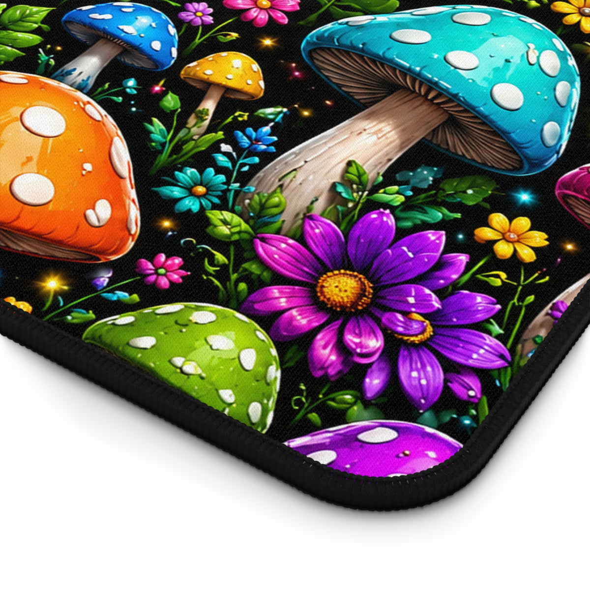 Colorful Mushroom Garden Desk Mat — Bright Psychedelic Desk Pad for Gamers & Creatives
