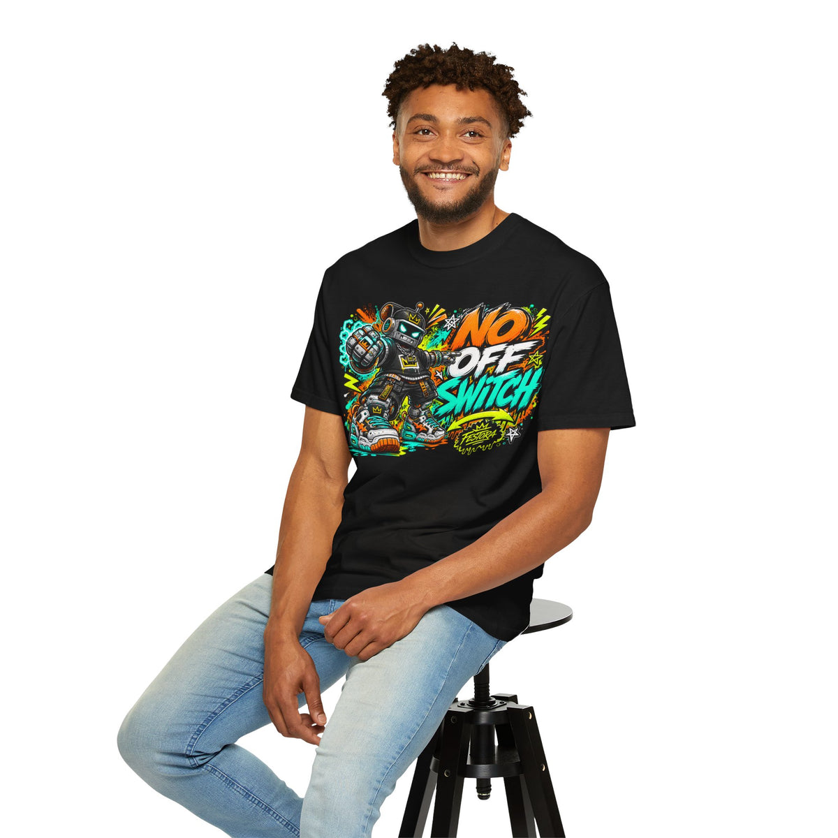 No Off Switch Robot Graphic T-Shirt — Bold Retro Streetwear Design