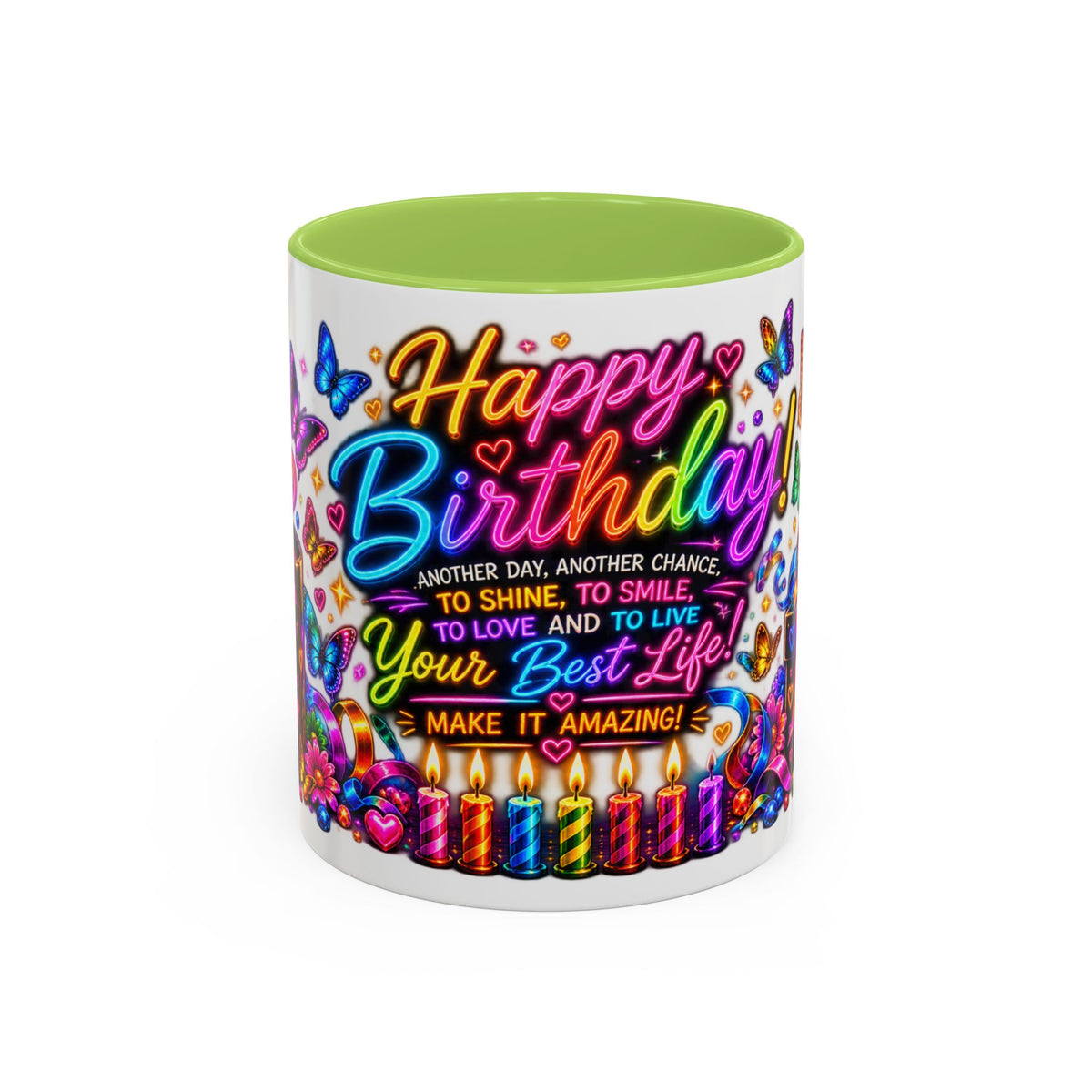 Birthday Coffee Mug – Colorful "Happy Birthday" Gift Mug with Butterflies & Candles