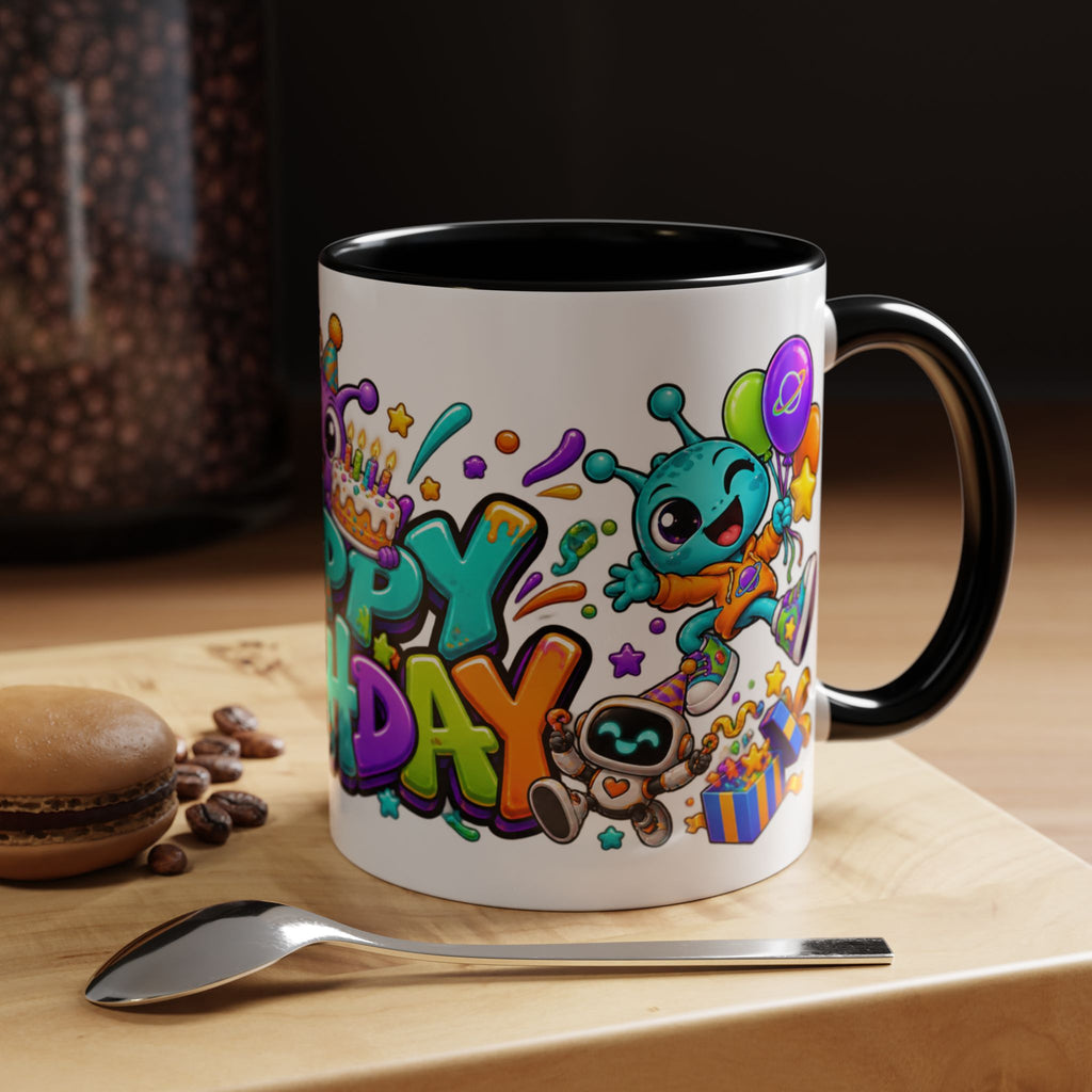 Happy Birthday Alien Mug – Colorful Space Party Cup with Cute Aliens & Robots