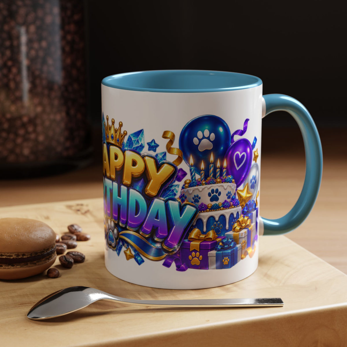 White Wolf Happy Birthday Mug – Blue Purple & Gold Birthday Gift – FestoraShop White Coffee Mug