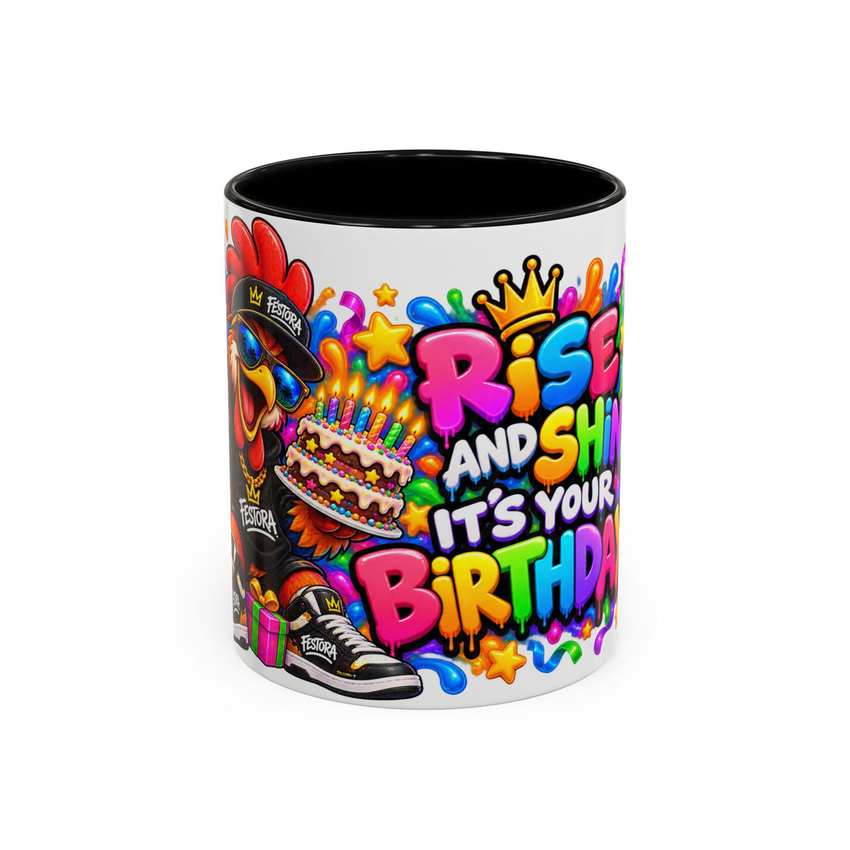 RISE AND SHINE… IT’S YOUR BIRTHDAY! White Ceramic Mug – Funny Rooster Birthday Coffee Cup – Colorful Party Gift – Original FestoraShop Design