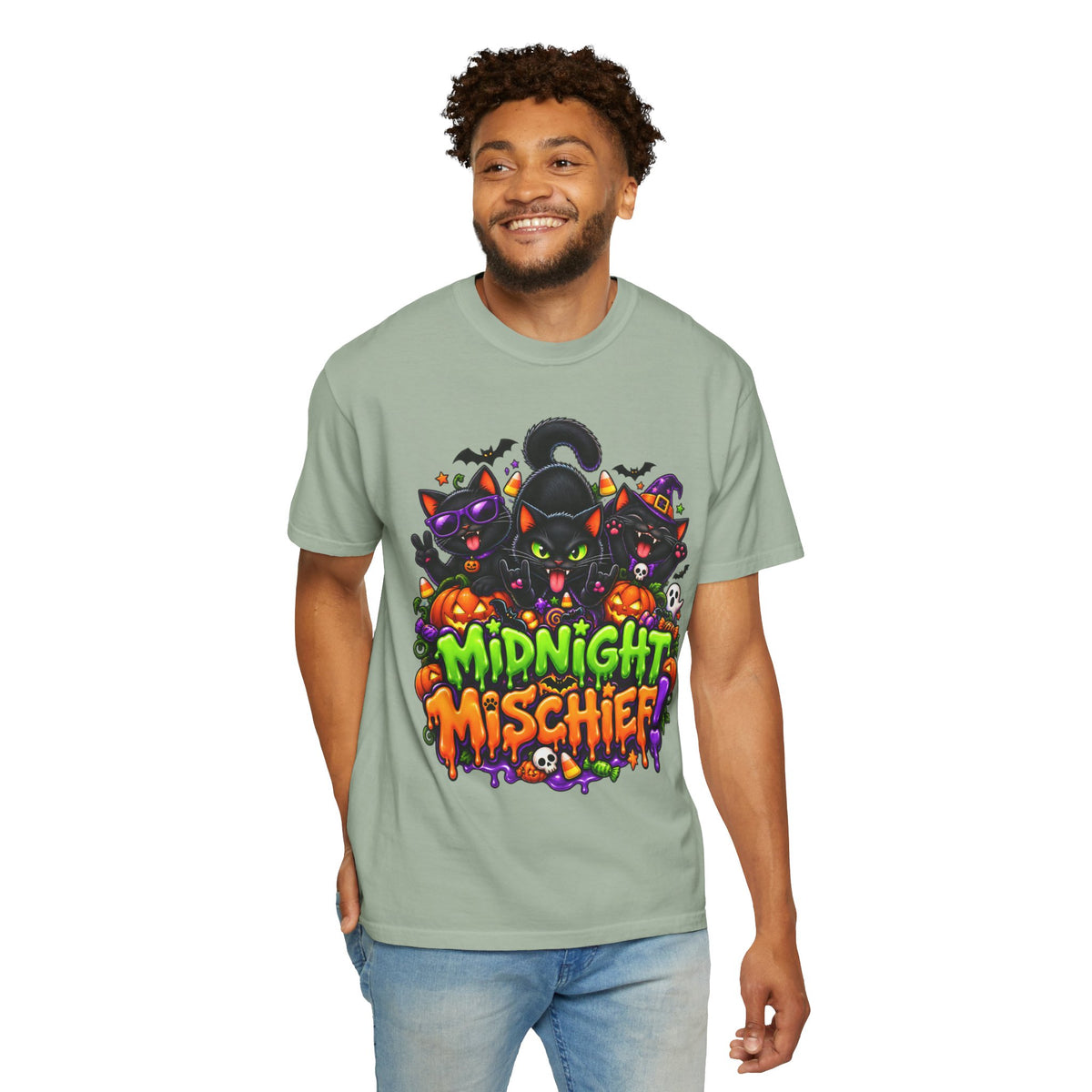 Midnight Mischief Halloween T-Shirt – Funny Black Cat Graphic Tee