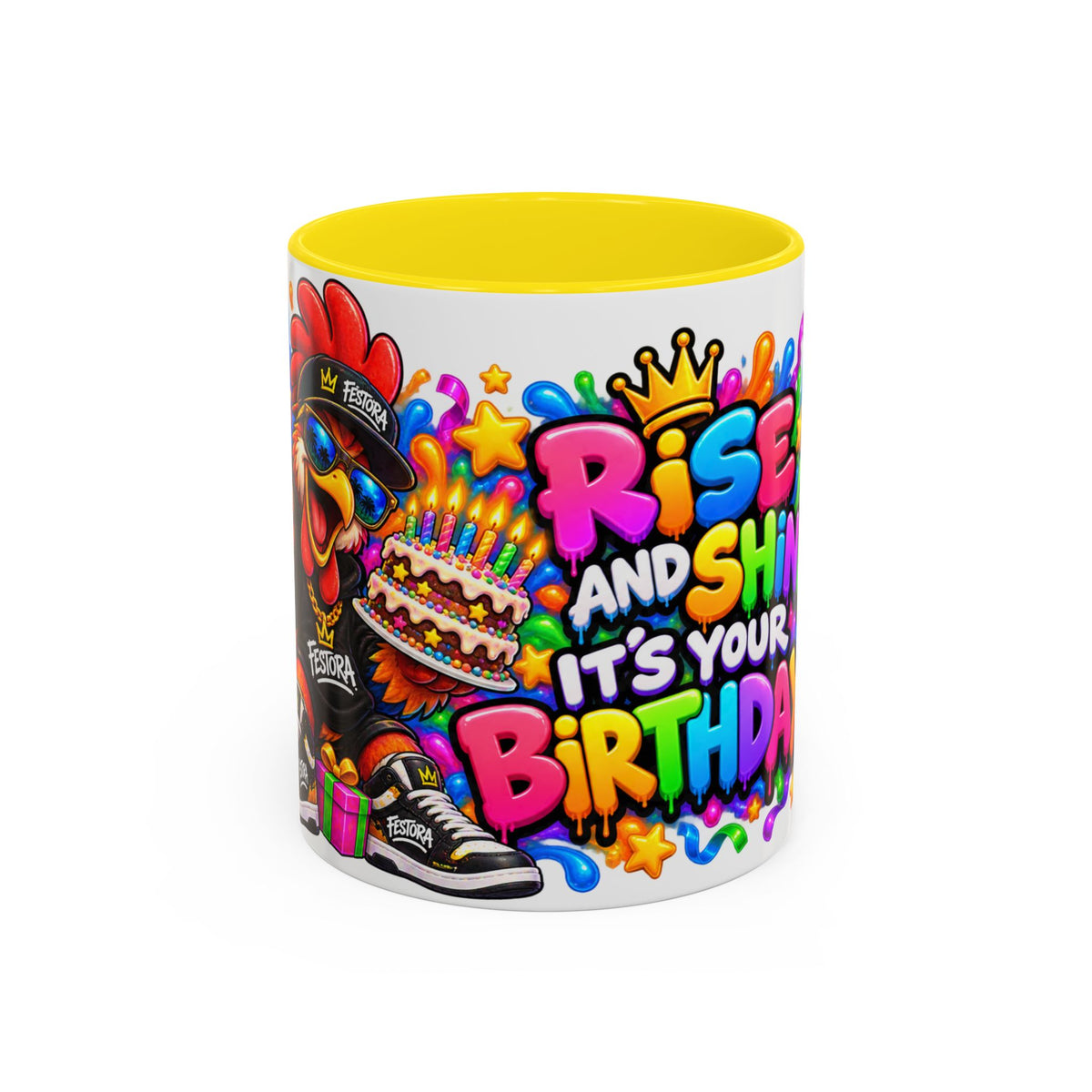 RISE AND SHINE… IT’S YOUR BIRTHDAY! White Ceramic Mug – Funny Rooster Birthday Coffee Cup – Colorful Party Gift – Original FestoraShop Design
