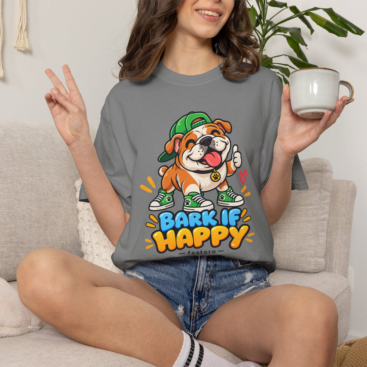 Bark If Happy – Cute Bulldog Graphic T-Shirt