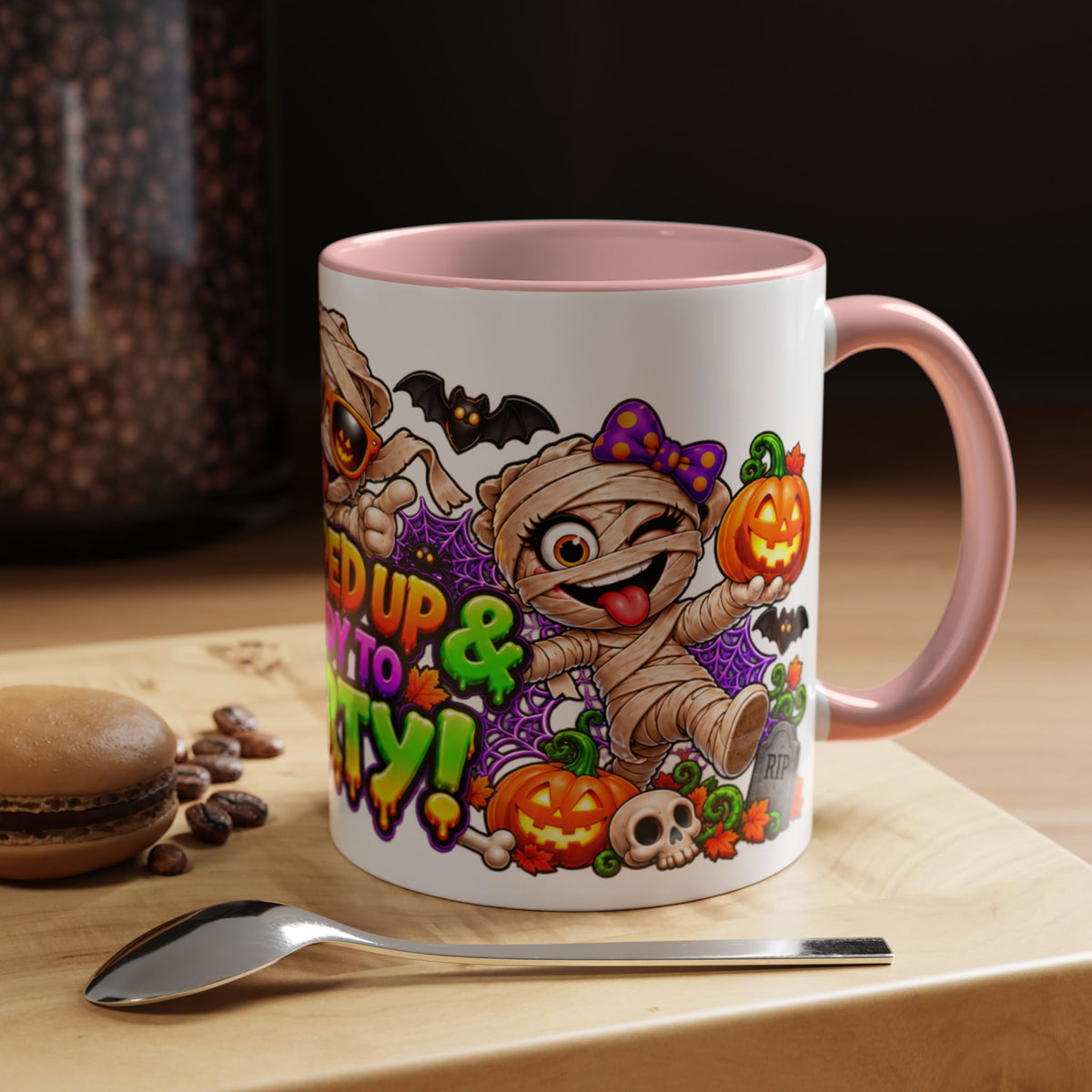 Wrapped Up & Ready to Party White Mug – Funny Mummies & Spooky Party Design
