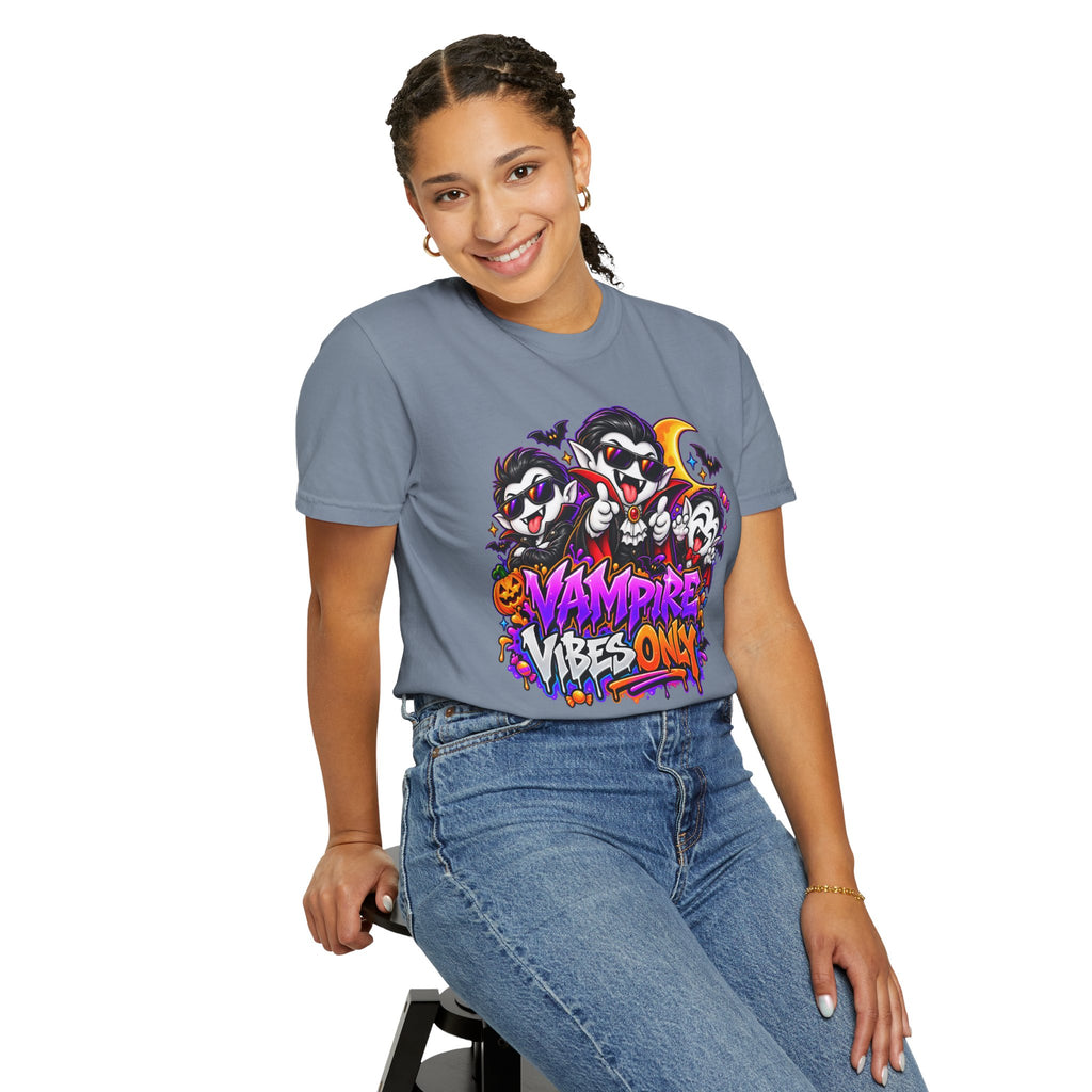 Neon Vampire Vibes Halloween Unisex Garment-Dyed T-Shirt Featuring a Cool Festora Vampire Crew