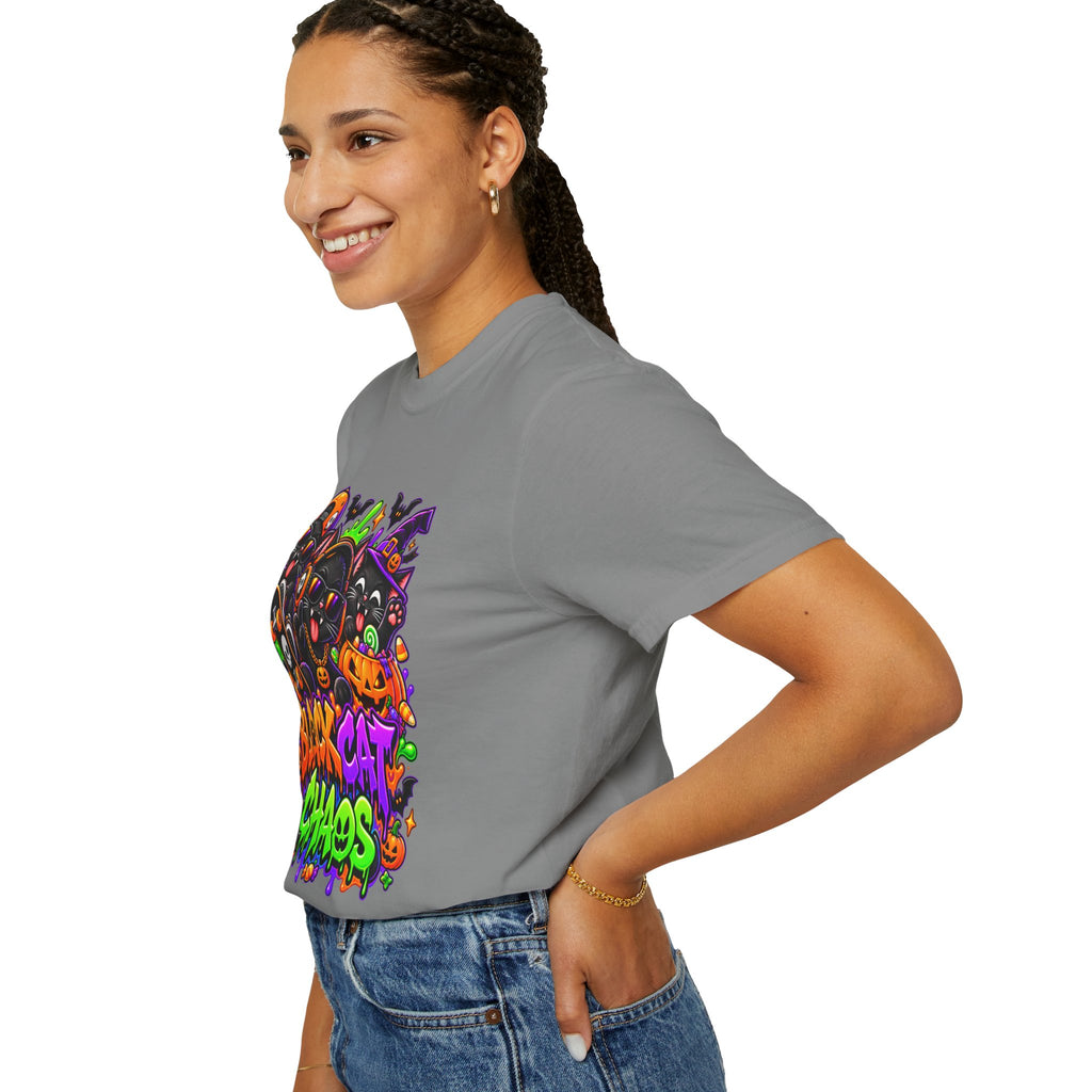 Neon Black Cat Halloween Chaos T-Shirt | Cute Spooky Cat Graphic Tee