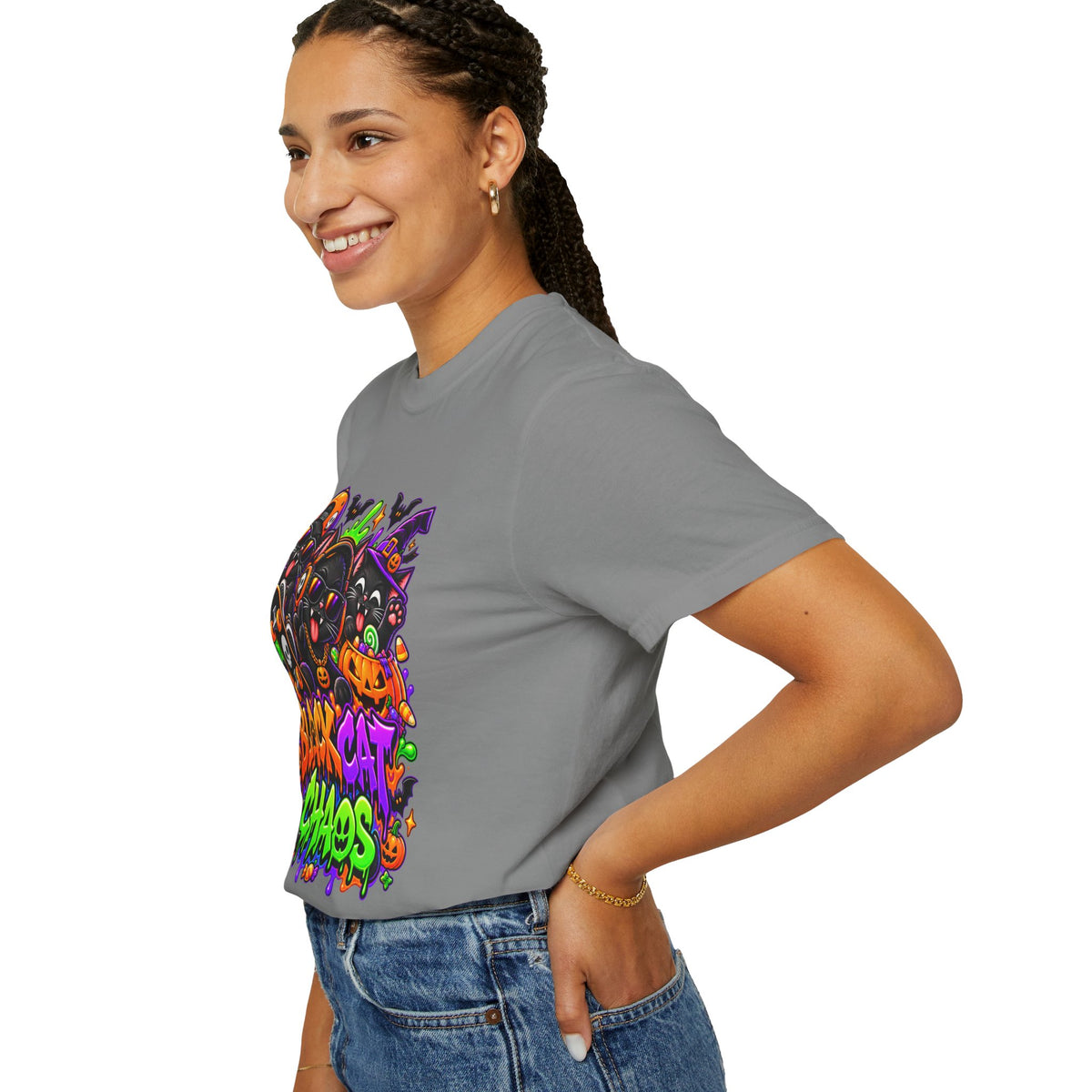 Neon Black Cat Halloween Chaos T-Shirt | Cute Spooky Cat Graphic Tee