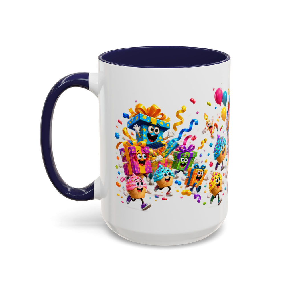 Birthday Party Coffee Mug – Colorful Happy Birthday Cake & Balloon Design (11/15oz Accent Mug)