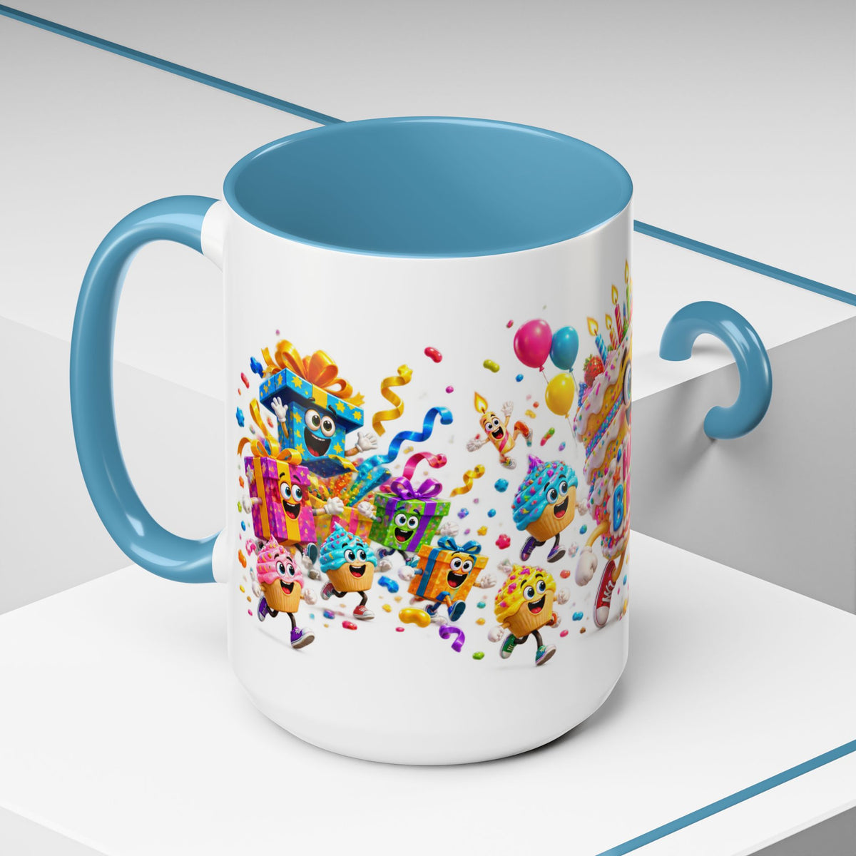 Birthday Party Coffee Mug – Colorful Happy Birthday Cake & Balloon Design (11/15oz Accent Mug)