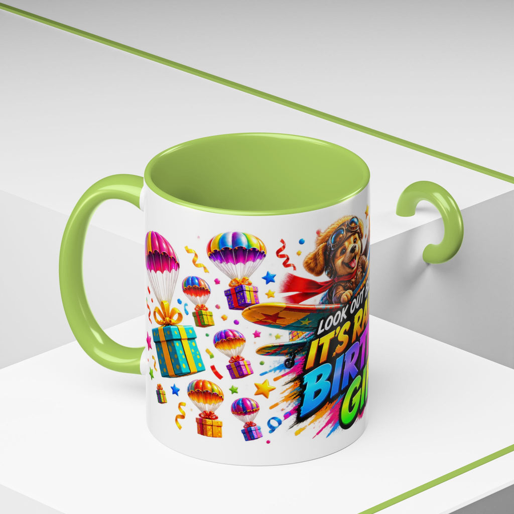 Birthday Gifts Coffee Mug — "It's Raining Birthday Gifts!" Colorful Accent Mug