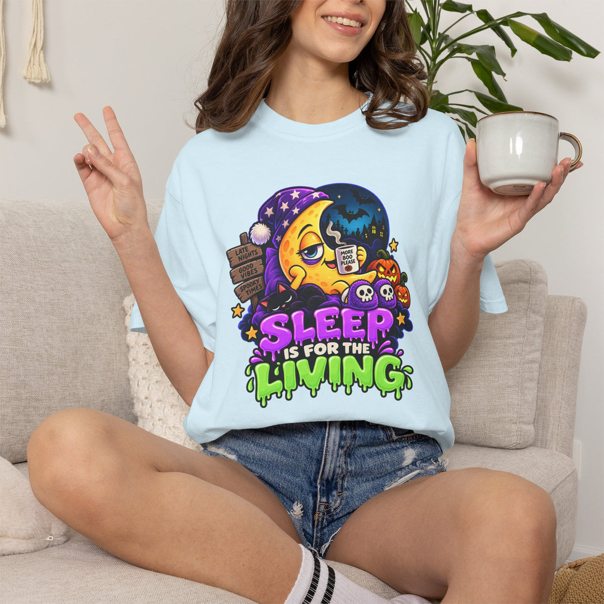 Sleep Is for the Living – Funny Halloween Moon T-Shirt