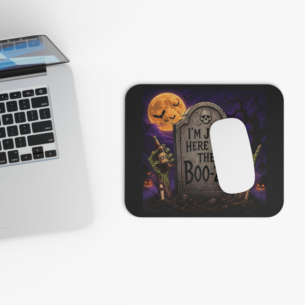 Halloween Mouse Pad — “I’m Just Here for the Boo-ze” Tombstone Design