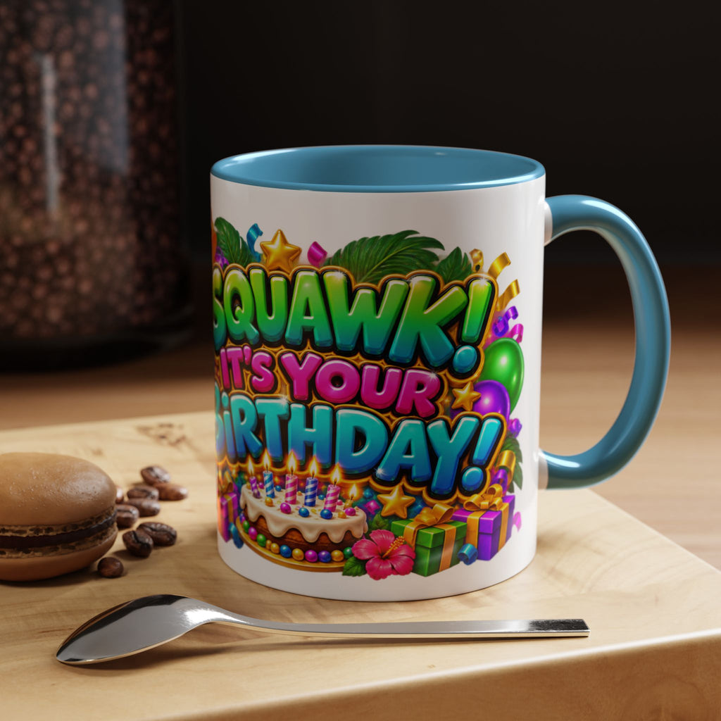 Squawk! It’s Your Birthday White Mug – Cute Parrot Birthday Cup, Colorful Tropical Party Gift