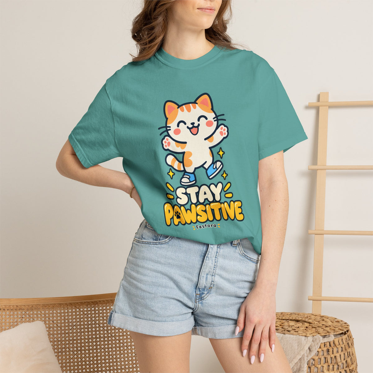 Stay Pawsitive – Cute Happy Cat Graphic T-Shirt