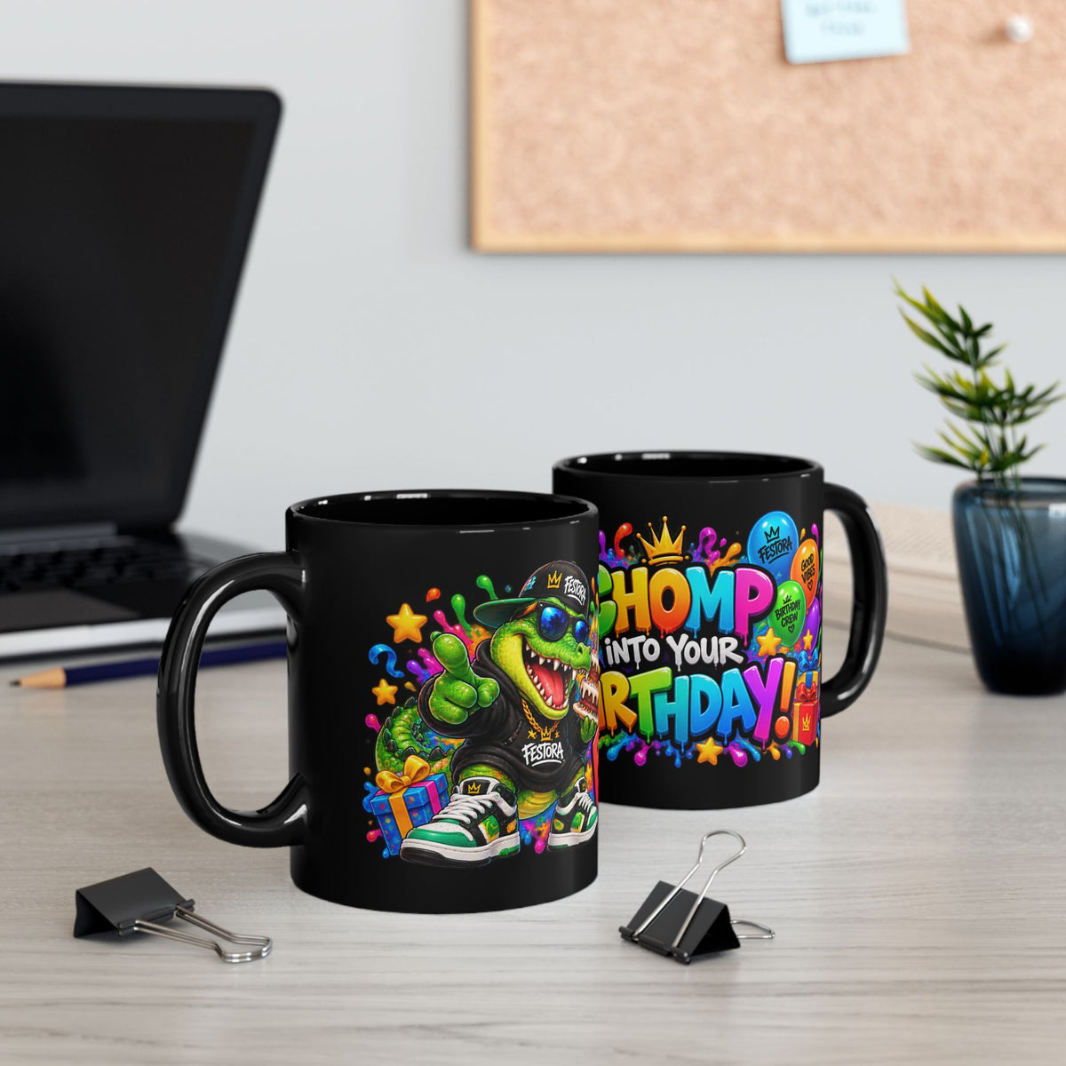 CHOMP INTO YOUR BIRTHDAY! Black Ceramic Mug – Funny Crocodile Birthday Coffee Cup – Colorful Party Gift – Original FestoraShop Design