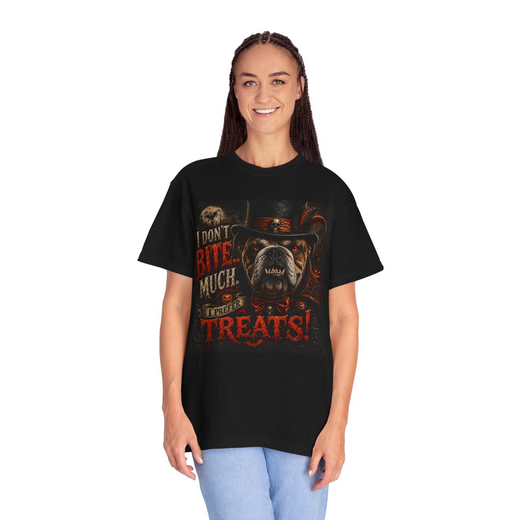 Halloween Bulldog T-Shirt — "I Don’t Bite Much… I Prefer Treats!" Graphic Tee