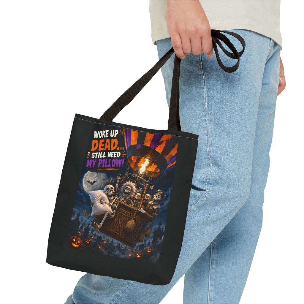Halloween Ghost Tote — "Woke Up Dead... Still Need My Pillow" All-Over Print Tote