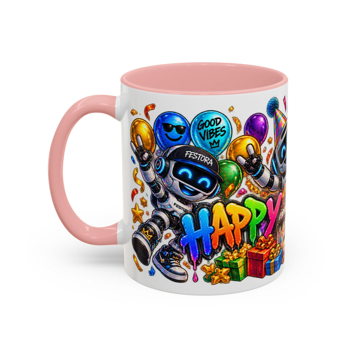 Birthday Robot Coffee Mug — Colorful Happy Birthday Accent Mug (11oz)