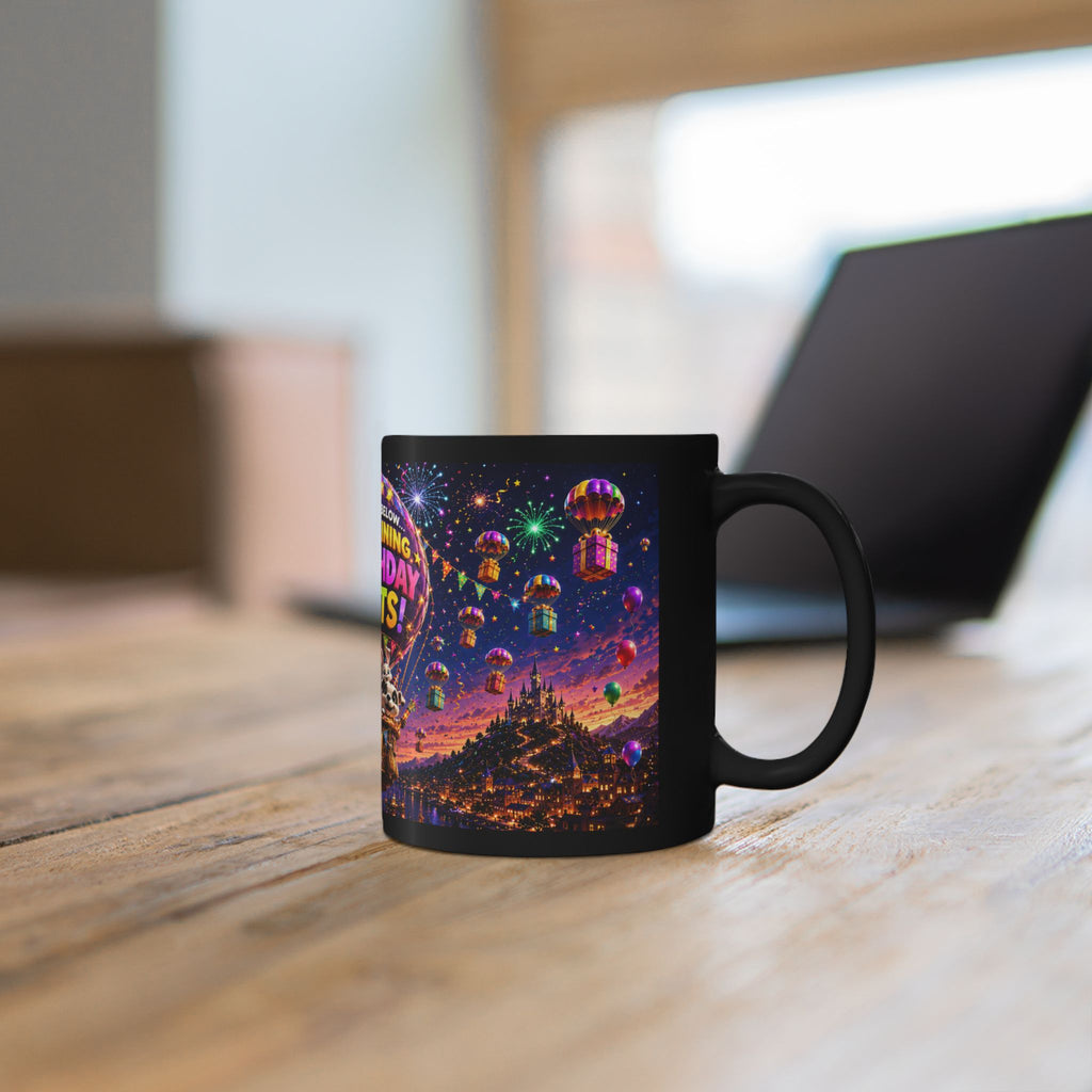 Birthday Gifts Hot Air Balloon Black Mug – "It's Raining Birthday Gifts" (11oz)