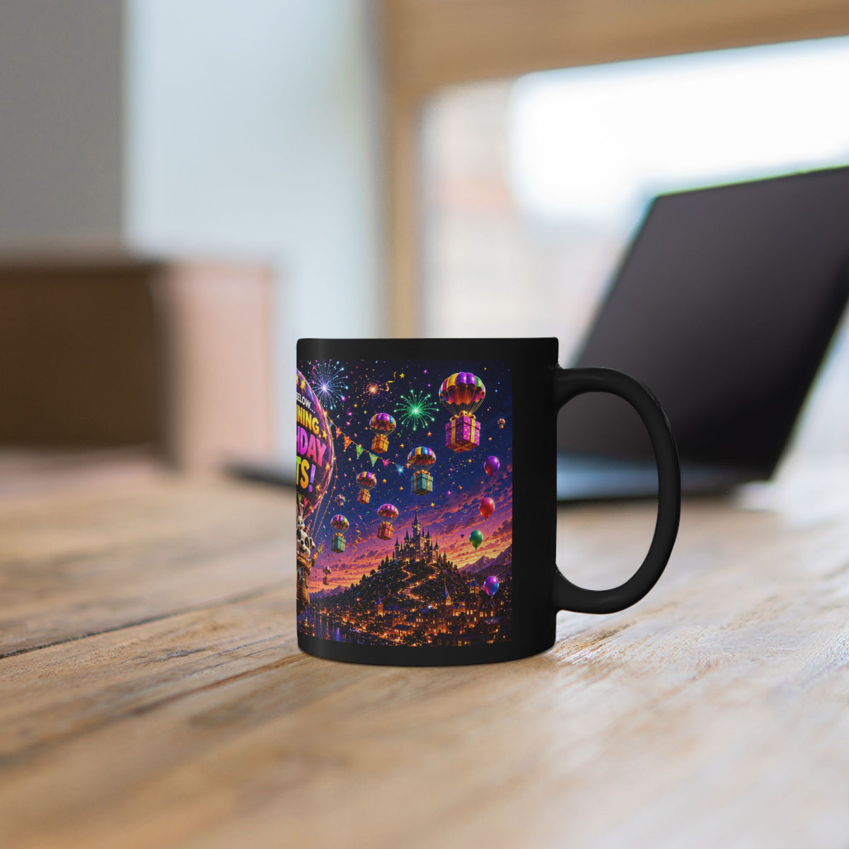 Birthday Gifts Hot Air Balloon Black Mug – "It's Raining Birthday Gifts" (11oz)