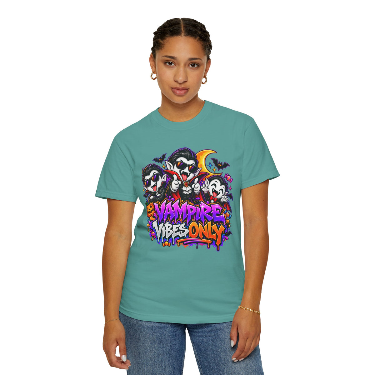 Neon Vampire Vibes Halloween Unisex Garment-Dyed T-Shirt Featuring a Cool Festora Vampire Crew