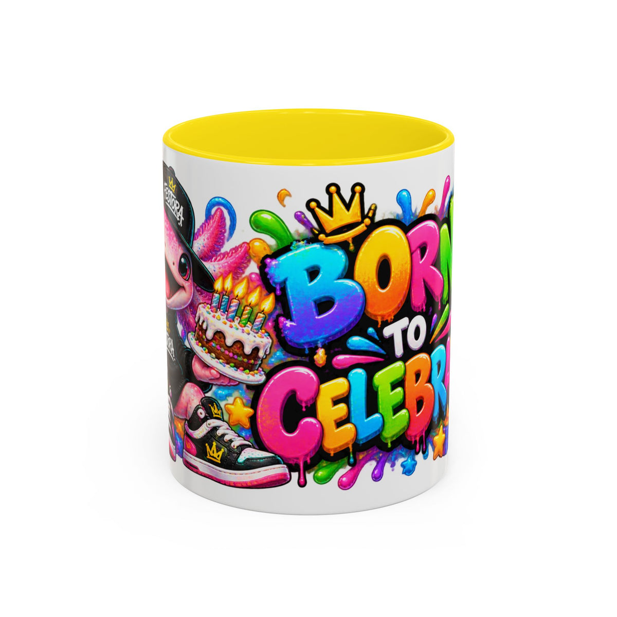 BORN TO CELEBRATE! White Ceramic Mug – Cute Axolotl Birthday Coffee Cup – Colorful Party Gift – Original FestoraShop Design