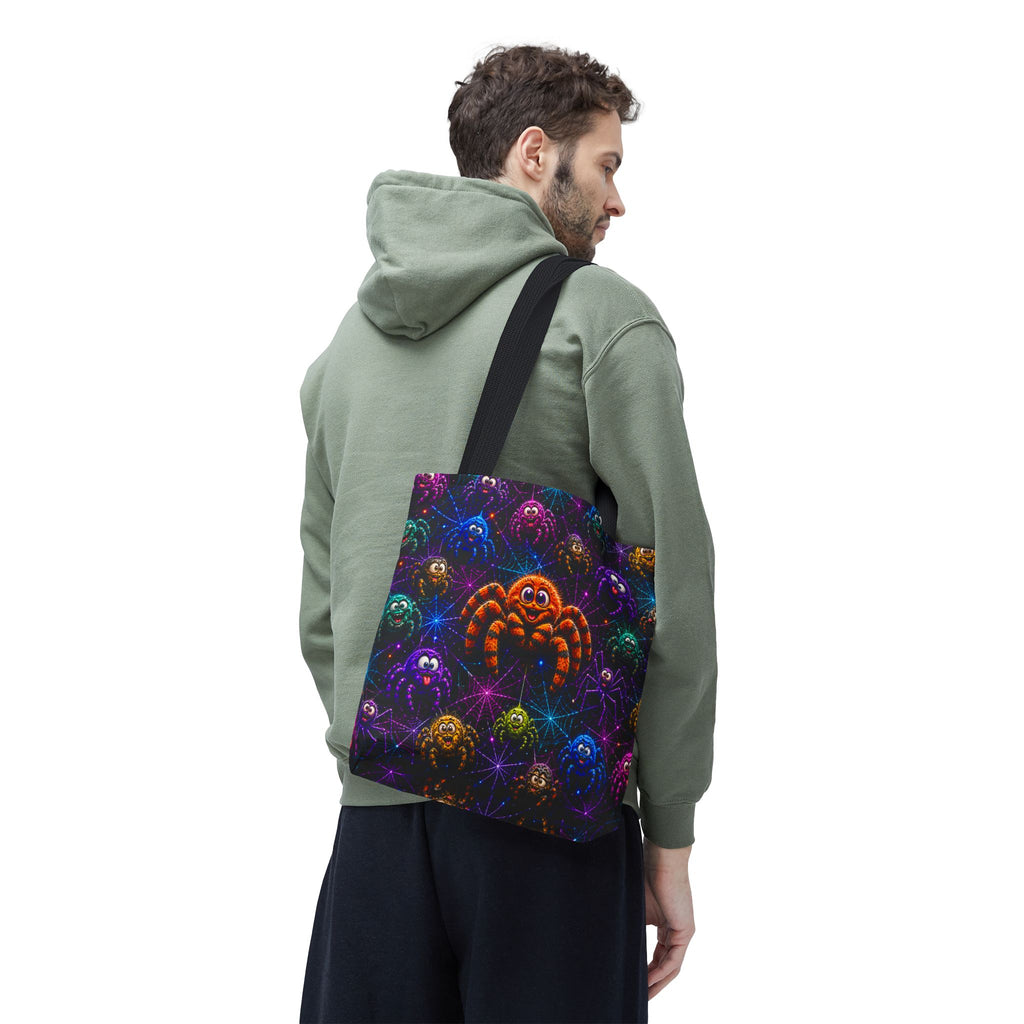 Colorful Crazy Spiders Halloween Tote Bag – Cute 3D Spider Web Pattern